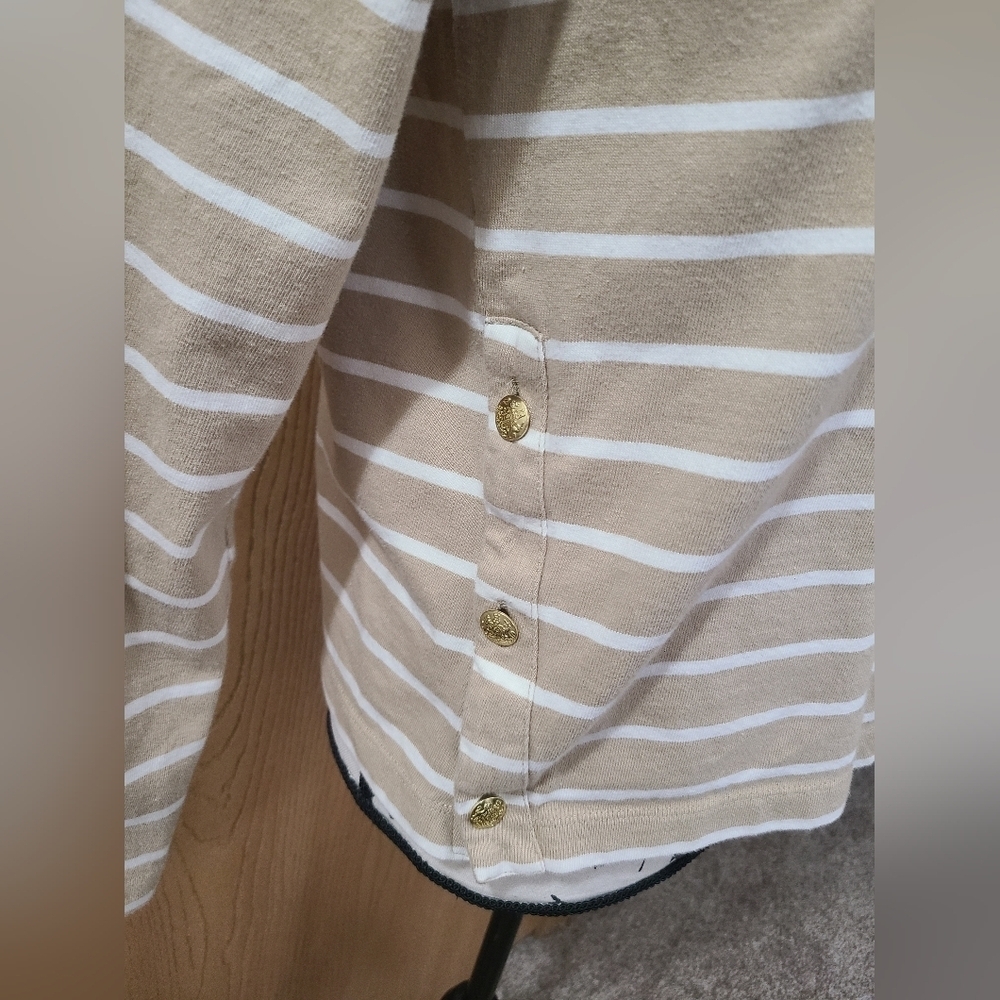 J. Crew Tan Striped Gold Button Preppy Old Money Long Sleeved Top - Picture 3 of 5